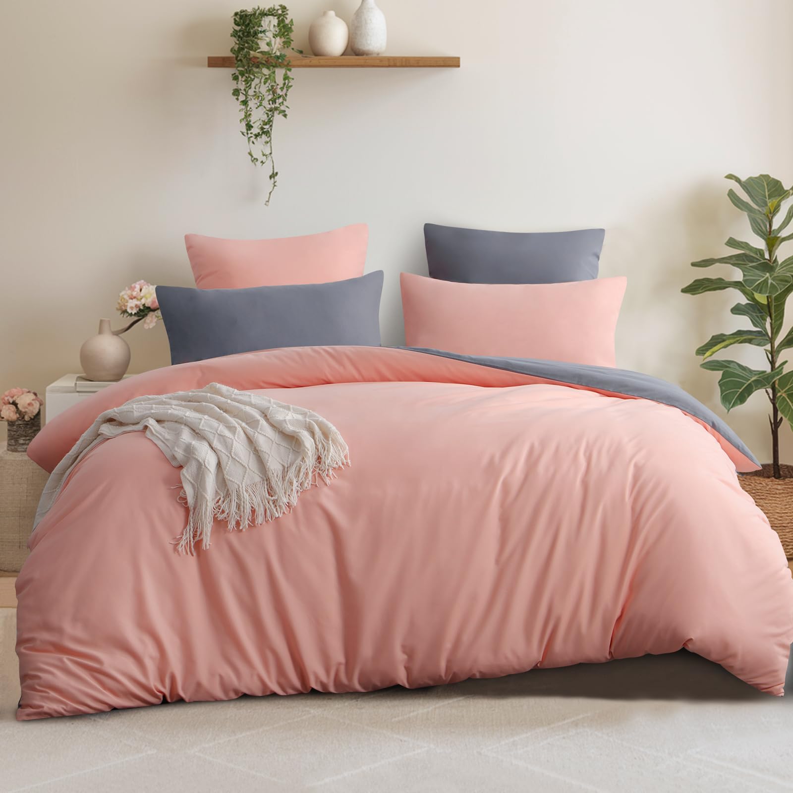 Aisbo Super King Size Duvet Cover Set - 3Pcs Reversible Bedding Bed Set Peach Pink and Grey Superking Soft Brushed Microfiber Quilt Cover with 2 Pillowcases 50x75cm