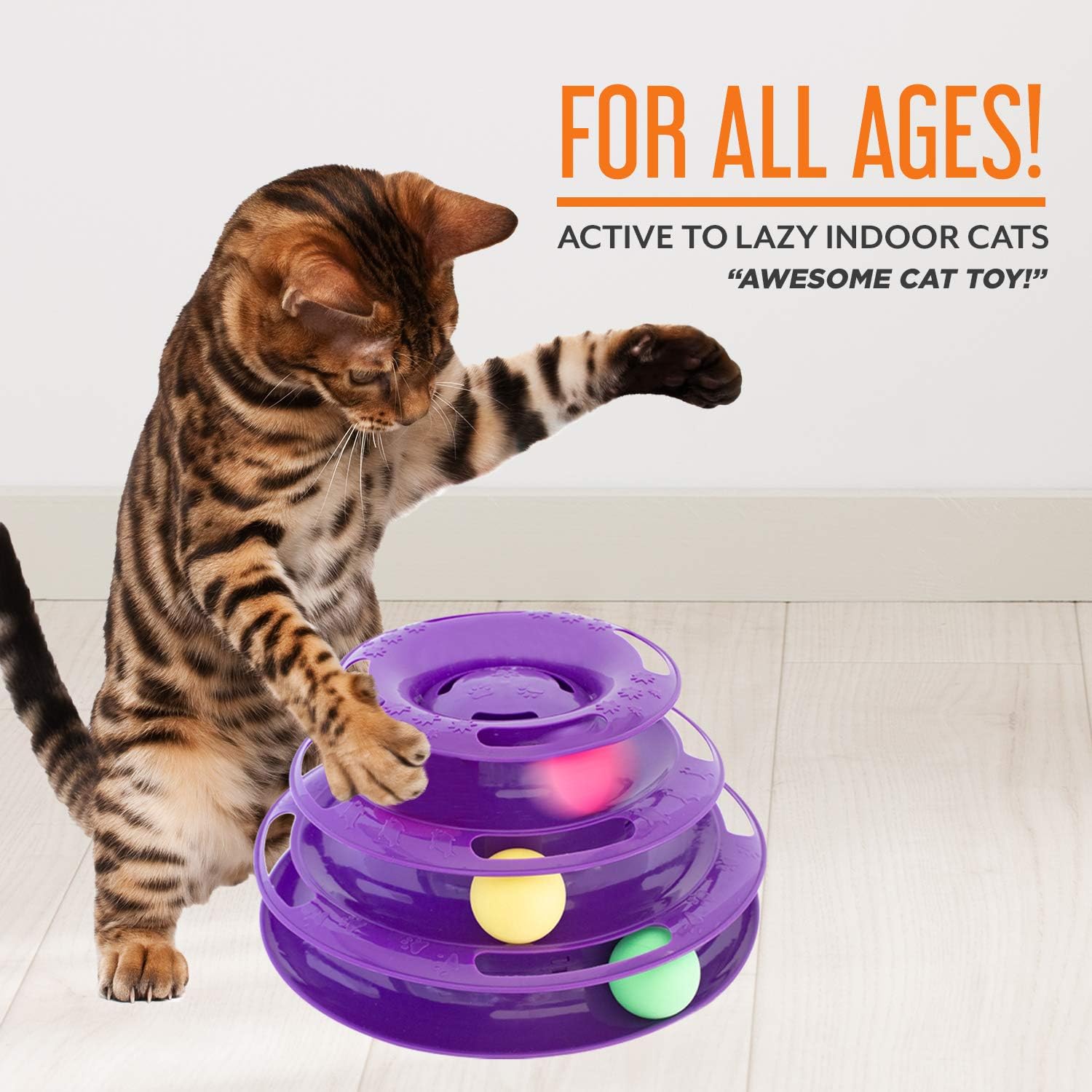 Purrfect Feline Titan's Tower - New Safer Bar Design, Interactive Cat Ball Toy, Exerciser Game, Teaser, Anti-Slip, Active Healthy Lifestyle, Suitable for Multiple Cats 3 Tier (Purple) : Pet Supplies