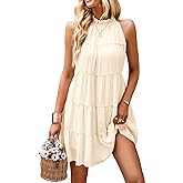 KIRUNDO Womens Summer Dresses 2026 Casual Halter Sundress Sleeveless Flowy Mini Babydoll Tiered Pleated Beach Vacation Dress