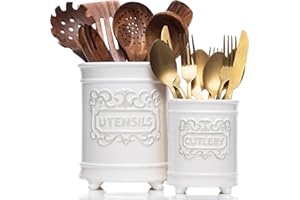 25DOL Large 7.5"+5.5" Elegant Ceramic Utensil Holder for Countertop, Cooking Utensils Organizer for Spatula, Large Utensils Crock for Kitchen Counter, Kitchen Decor, set of 2, White