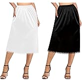Dressever 2 Pieces Half Slips for Under Dresses Satin Long Underskirt Soft Slip for Women Skirt Extenders with Lace Trim