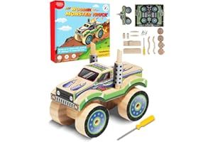 LITTLE JUPITER DIY Wooden Kits w/ Stickers - Kids Building Kit - Stem Building Toys - Wood Crafts for Kids - Building Kits for Kids - Woodworking Kits for Kids - Wood Building Kits for ages 4-7 (Monster Truck 2)
