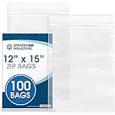 Spartan Industrial - 12" X 15" (100 Count) 2 Mil Clear Reclosable Zip Plastic Poly Bags with Resealable Lock Seal Zipper