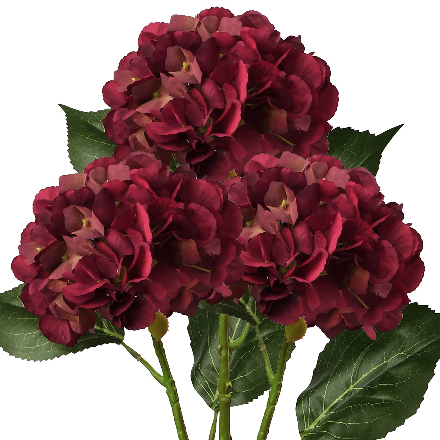 Briful 21" Artificial Hydrangea Flowers Silk Flower Fake Flower, Set of 3 Dark Red Artificial Flowers Fake Hydrangea Long Stems for Home Wedding Party Décor