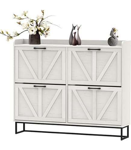 Farmhouse Shoe Cabinet With Bench & Motion Sensor Light - 3 Drawer, Holds 24 Pairs, Rustic Grey