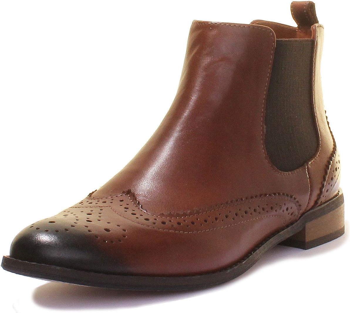 Justin Reece Womens Chelsea Brogue Hand Made Leather Low Heel Ankle Boots (8 UK, Brown)
