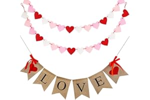 CNVOILA Valentines Decoration Burlap Banner, Valentines Day Décor, Rustic Love Hanging Banner & 28pcs Felt Heart Garland Banner Decor for Mantle Fireplace Wall, Decorations Pre-Assembled - No DIY Required