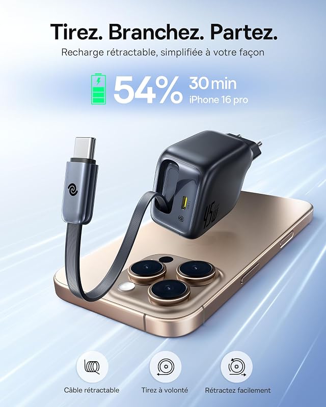 Chargeur USB C 45W, Baseus Enercore avec Câble USB-C Intégré, Chargeur iPad, Adaptateur Secteur À Charge Rapide PPS pour Galaxy S25 Ultra/S24/S23/Note, iPhone 17/16/15, Pixel, Câble Rétractable