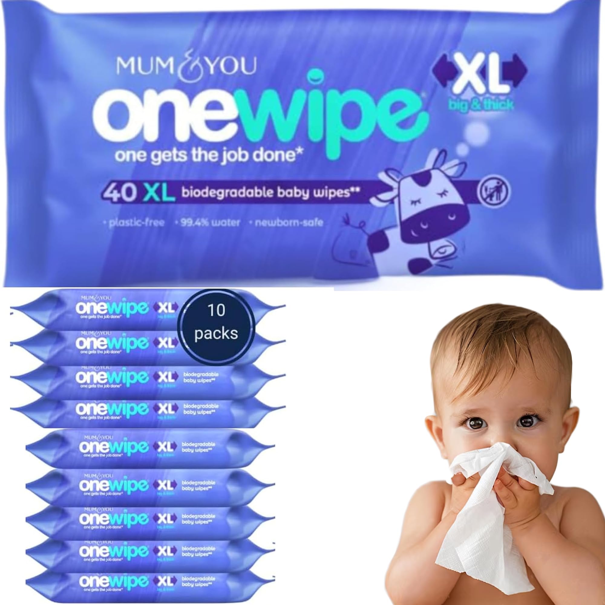 Mum & You Onewipe Baby Wipes Multipack, 100% Biodegradable Wet Wipes (10 Packs= 400 wipes), 99.4% Water| Ideal for Sensitive Newborn Skin, 30% XL Wet Wipes Adults,Eco-Friendly Wipes