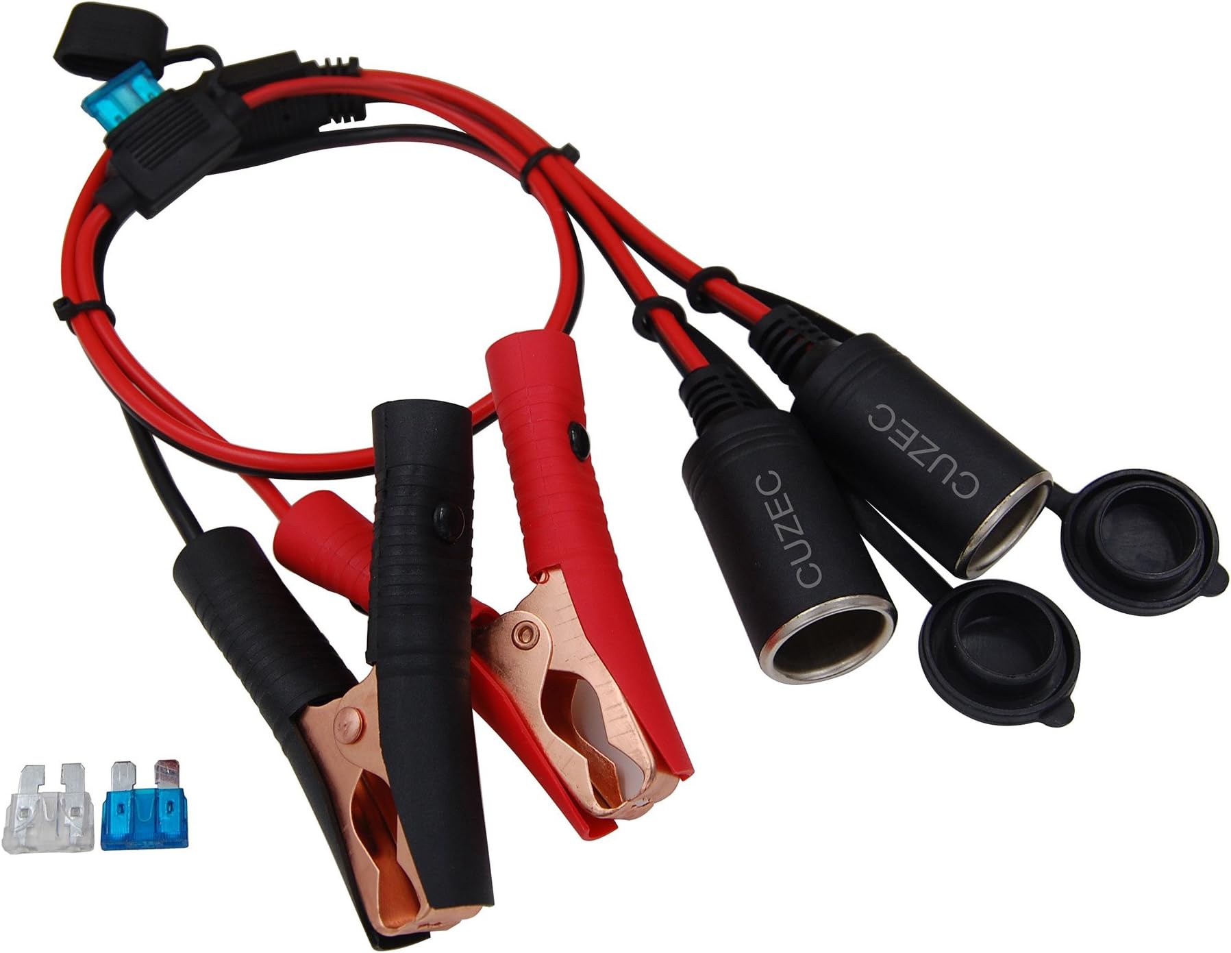 CUZEC 2.5ft / 0.75m 16 AWG Extension Cord Dual Plug Socket with Battery Clamp 12V/ 24V Battery Clip-On and Cigarette Lighter Adapter (CU10102)