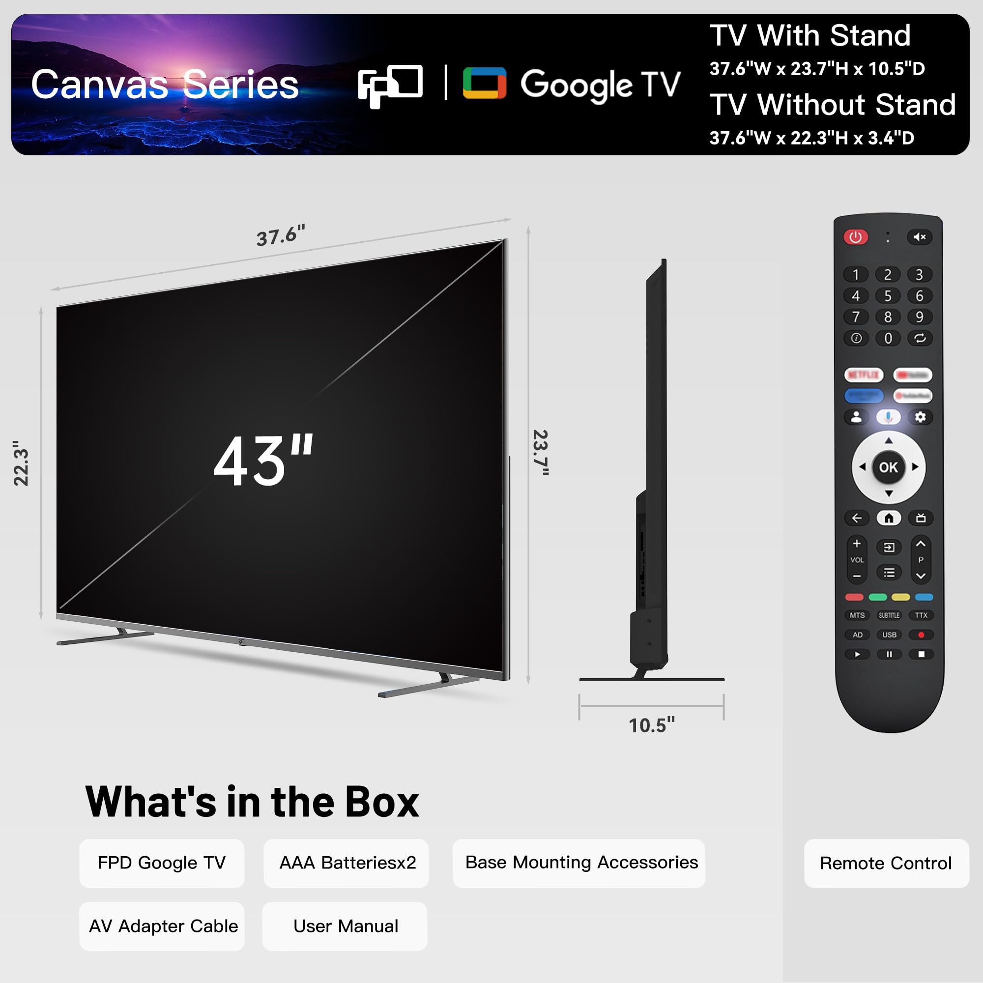 FPD 43 Inch Smart TV, 4K UHD LED Flat Screen Google TV with Google Cast, Bluetooth, HDMI, Streaming Live, HDR 10, Dolby Vision, Ultra Slim Television(Canvas-Series, CG43-C3, 2025)