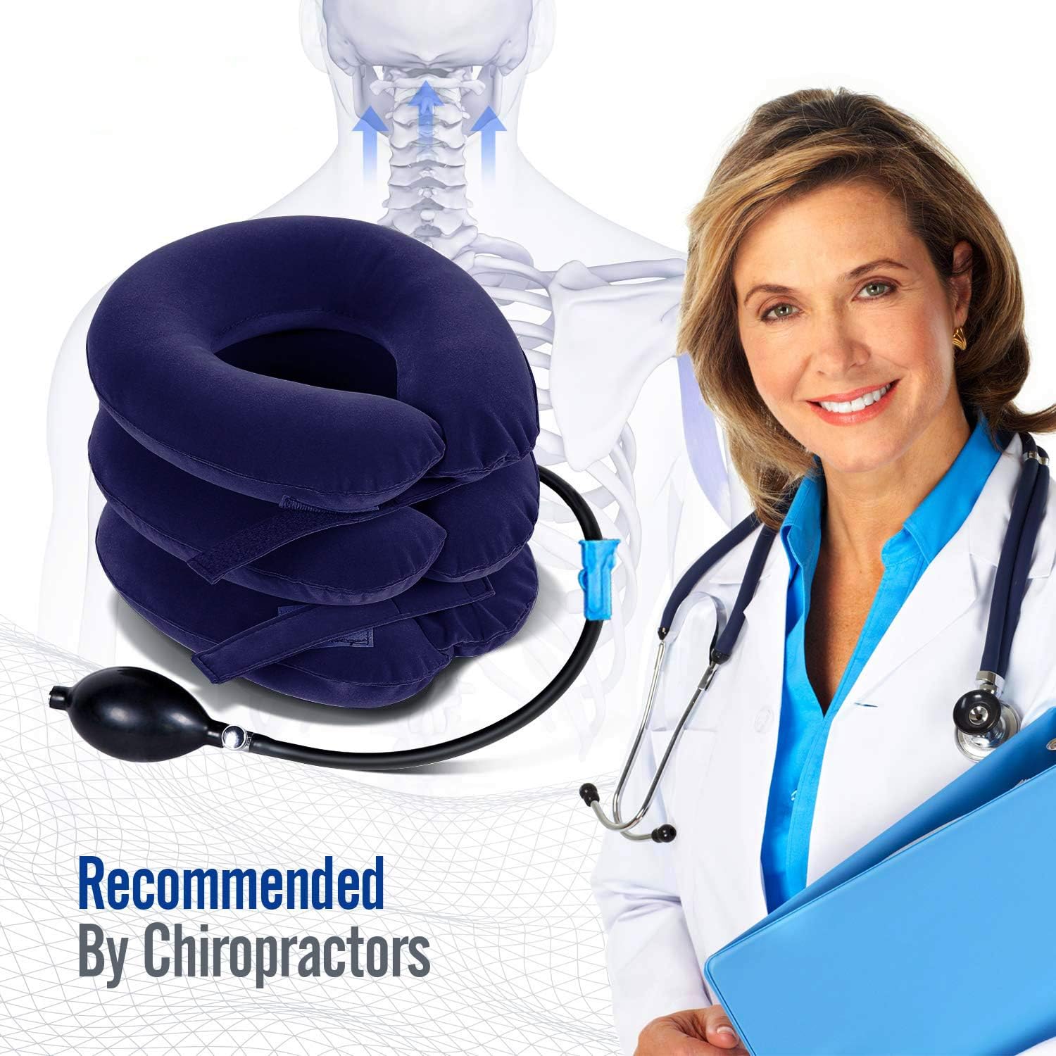 Cervical Neck Traction - Effective Neck Pain Remedy at Home - Inflatable & Adjustable Neck Stretcher Collar Device - Ideal for Spine Alignment & Chronic Neck & Shoulder Pain Relief (Blue): Health & Personal Care