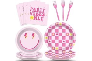 Justforjoyful 96Pcs Preppy Party Supplies Pink Smile Face Paper Plates Napkins Preppy Smile Face Party Tableware Set Preppy Smile Face Dinnerware for Birthday Party Baby Shower Decoration Serve 24
