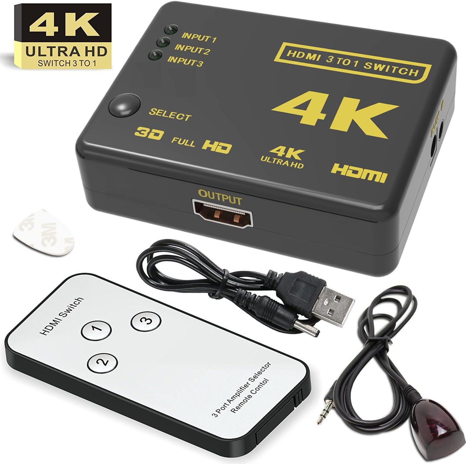 HDMI Switch, Seantter Ultra HD 4K x 2K Intelligent 3 Port HDMI Switcher with Remote Control, IR Receiver and AC Adapter Cable, Supports 3D