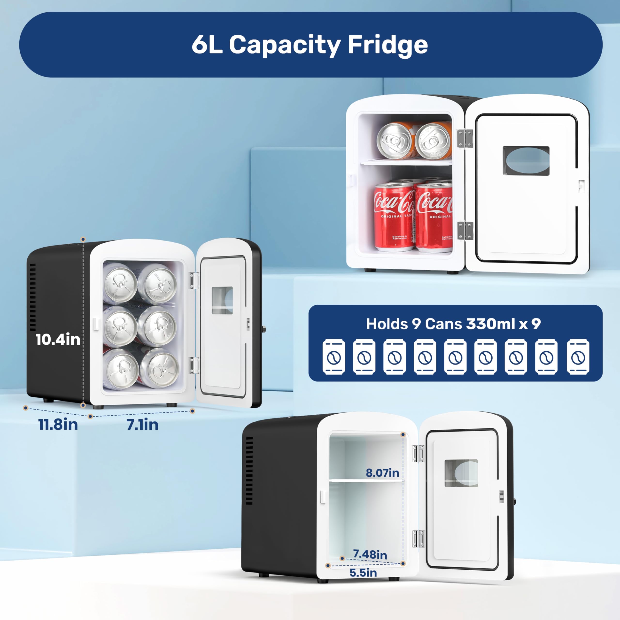 Simple Deluxe 9 Can Mini Observation, Portable Cooler & Warmer Freon-Free Small Refrigerator, Compact Fridge for Skincare, Beverage, 6L with Window, Black