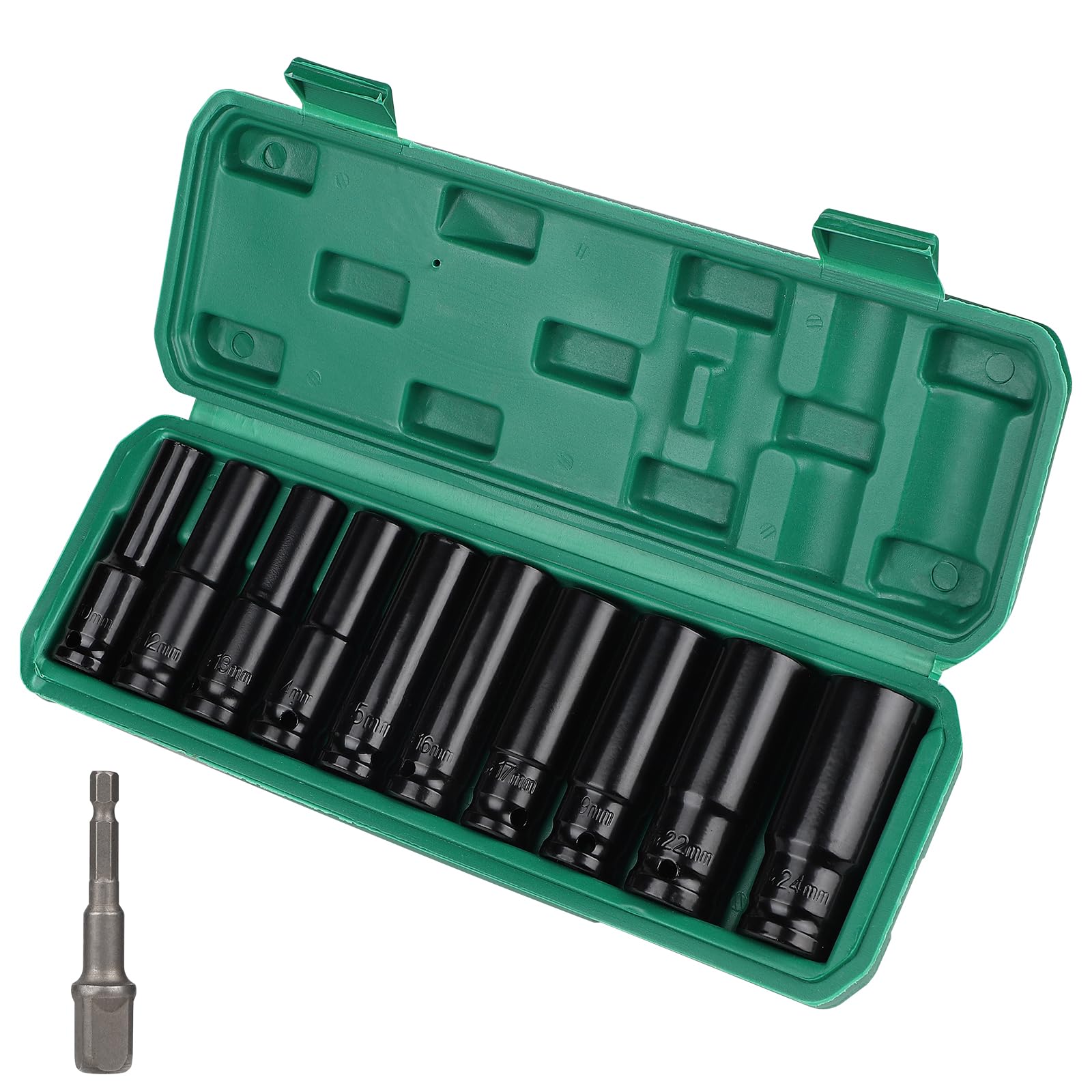 CPROSP 11-Piece Impact Wrench Nuts 1/2, Long Nut Set 1/2 10, 12, 13, 14, 15, 16, 17, 19, 22, 24 mm, Impact Socket Set with Plastic Case — image 1