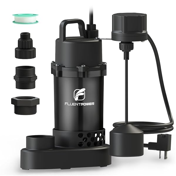 FLUENTPOWER SUBMERSIBLE SUMP PUMP 3/4HP 3500GPH, WITH PIGGY-BACK VERTICAL FLOAT SWITCH AND 10′ CORD, PORTABLE ELECTRIC CAST ALUMINUM SUMP/SEWAGE PUMP FOR BASEMENT POOL GARDEN POND BASIN, BLACK