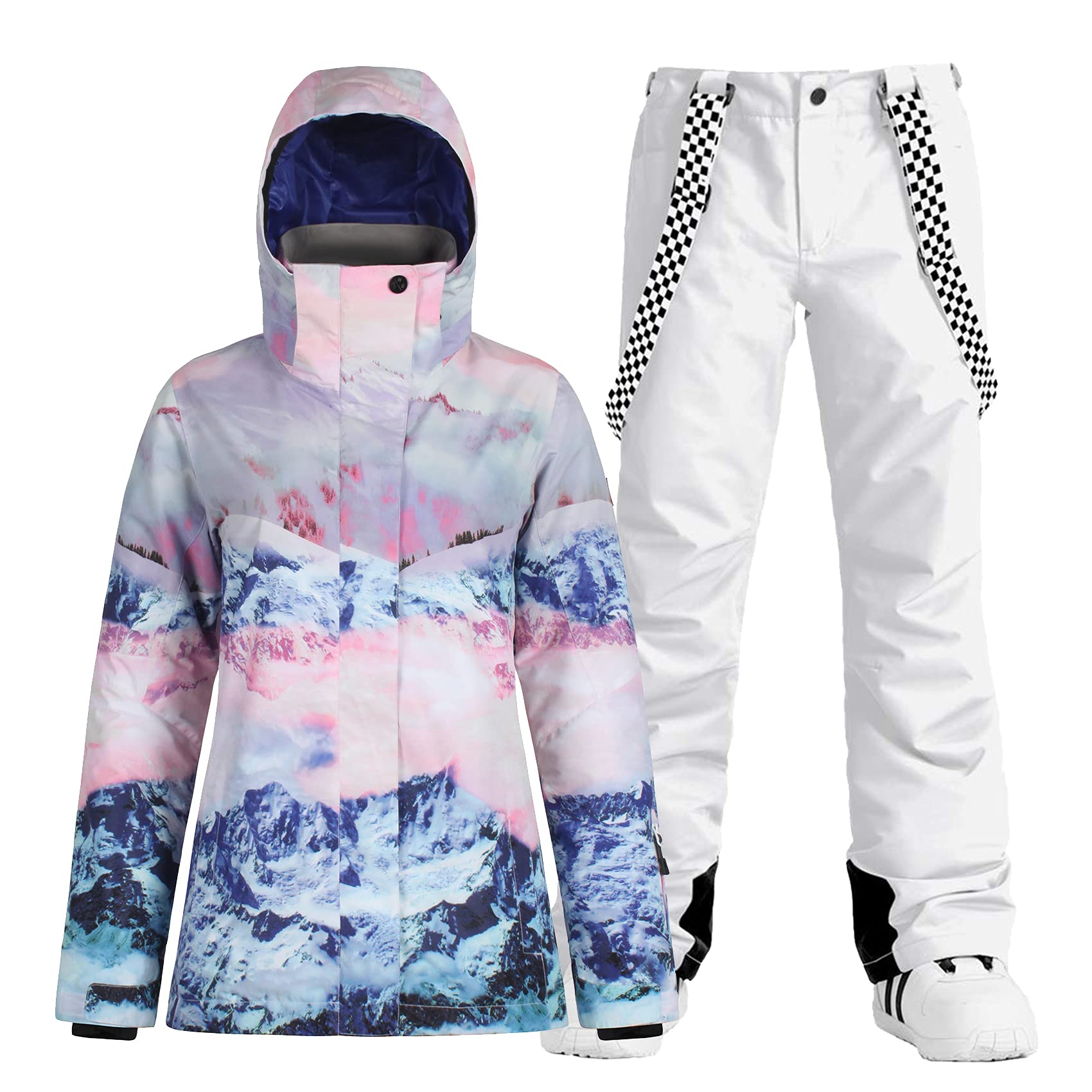 Photo 1 of GSOU SNOW Women's Ski Jacket and Pants Waterproof Snowsuit Snowboarding Snow Coat Windproof Insulated Hooded Warm Winter,Mountain White M