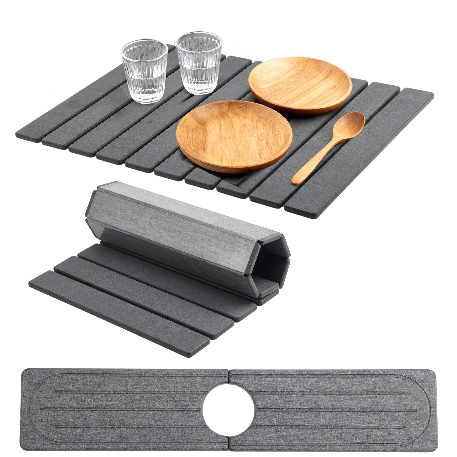 Photo 1 of Acellegic 2 Pcs Stone Dish Drying Mats for Kitchen Counter, 24"x16" Water Absorbing Dish Drying Mat with Faucet Mat for Kitchen Sink Non-Slip and Foldable for Dishes Bottles Cups(Dark Gray)