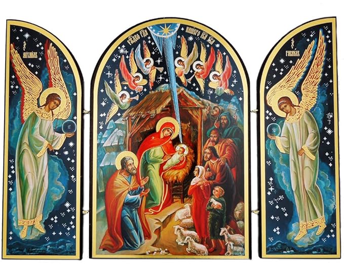 Catholic Orthodox Wood Nativity Scene Triptych Russian Icon Christ