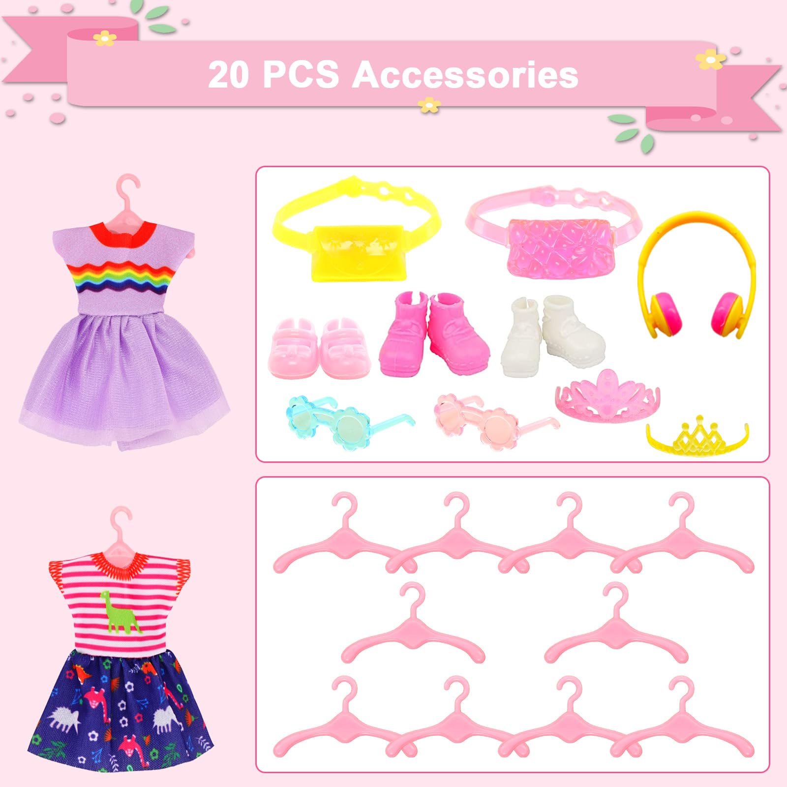 30 PCS Mini 6 Inch Doll Clothes and Accessories Include 4 Tops, 4 Pants for Boy Dolls, 5 Dresses , 2 Swimsuit and 2 Shoes, 10 Outfits Hangers Pocket Glasses Headset Crown for 5.3-6 Inch Dolls