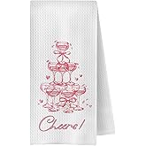 ChenCraty Pink Coquette Bow Champagne Kitchen Towels, Gifts for Champagne Lovers Dish Tea Towel for Kitchen, Preppy Trendy Wine Cheers Decorative Hand Towels for Bar Cart, 16x24 Inches