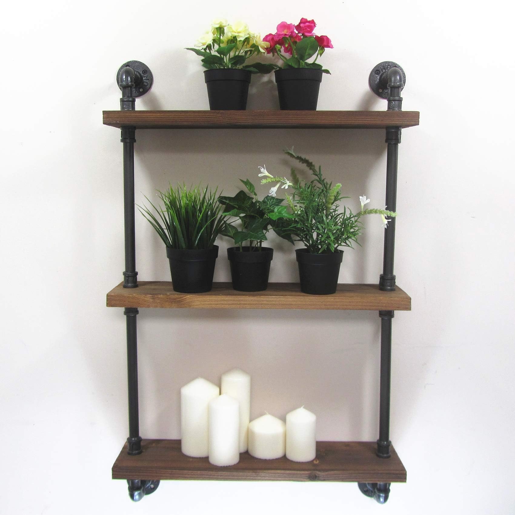 Channelmay Industrial Rustic Urban Iron Pipe Wall Mounted Shelf 3 Layers Wooden Board Shelving Home Restaurant Bar Shop Decor Storage