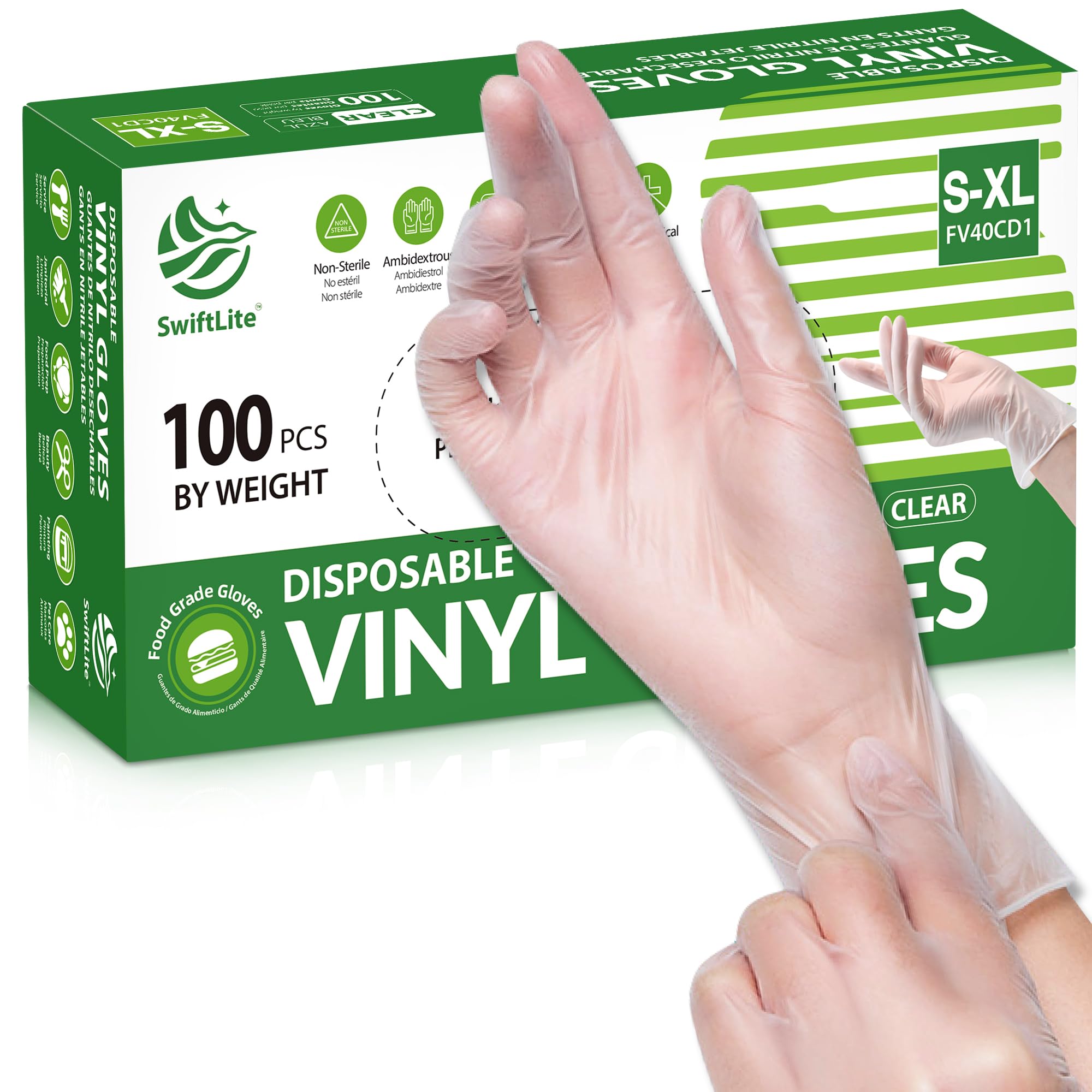 SWIFTLITE Disposable Vinyl Gloves, Food Safe