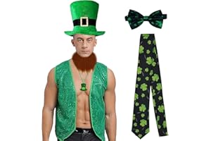 Anraocoss 6 Pcs St Patrick’s Day Accessories Sequin Vest Leprechaun Costume Hat Faux Tie and Bow tie Beard Shamrock Necklace