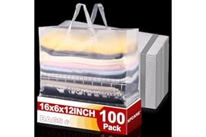 XPCARE 100Pack Frosted Plastic Gift Bags, 16x6x12 Clear Plastic Bags with Handles for Small Business, Boutiques, Retail Stores, Gifts & Merchandise(White)