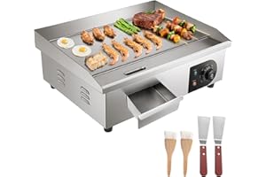 VEVOR Commercial Electric Griddle, 21 x 11.8 inch, 1750W, 122-570°F Adjustable Temp Control, Stainless Steel Countertop Flat Top Grill with 2 Spatulas, 2 Brushes and 4 Foot Pads, for Steak, Pancake
