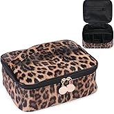 Makeup Bag Travel Large Toiletry Bag Leopard Portable Cheetah Printed Cosmetic Organizer Pouch with Small Brush Storage Case Gold Zipper Waterproof Adjustable Dividers for Women,8.7x7.1x3.4inch
