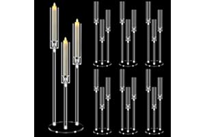 6 Set 3 Arm Acrylic Candelabra Centerpieces, Mjkeomo 30.7" Clear Pillar Taper Candlesticks for Wedding Halloween Christmas Ne