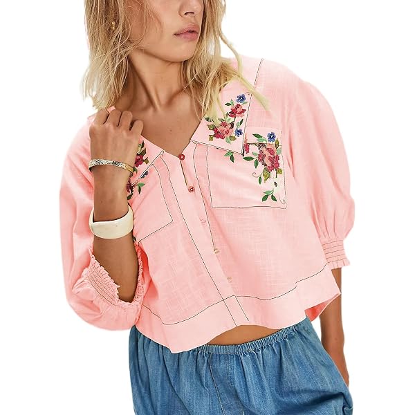 Women's Y2K Floral Embroidered Crop Top - Puff Sleeve Button Up Blouse