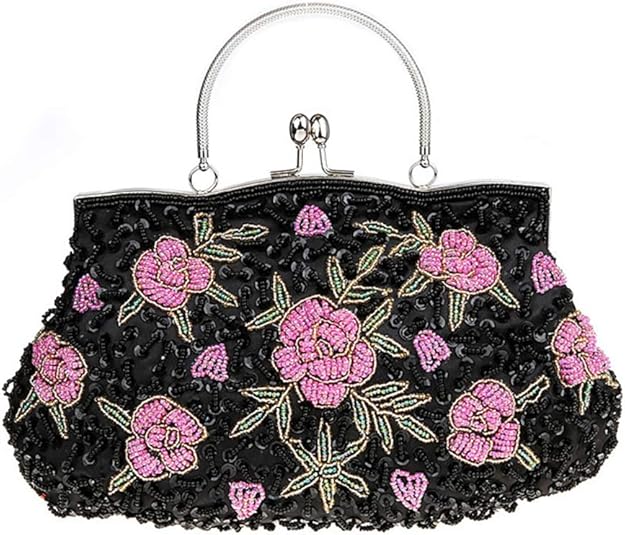 Vintage Floral Beaded Sequins Antique Evening Party Wedding Handbag Clutch Bag Black Pink 