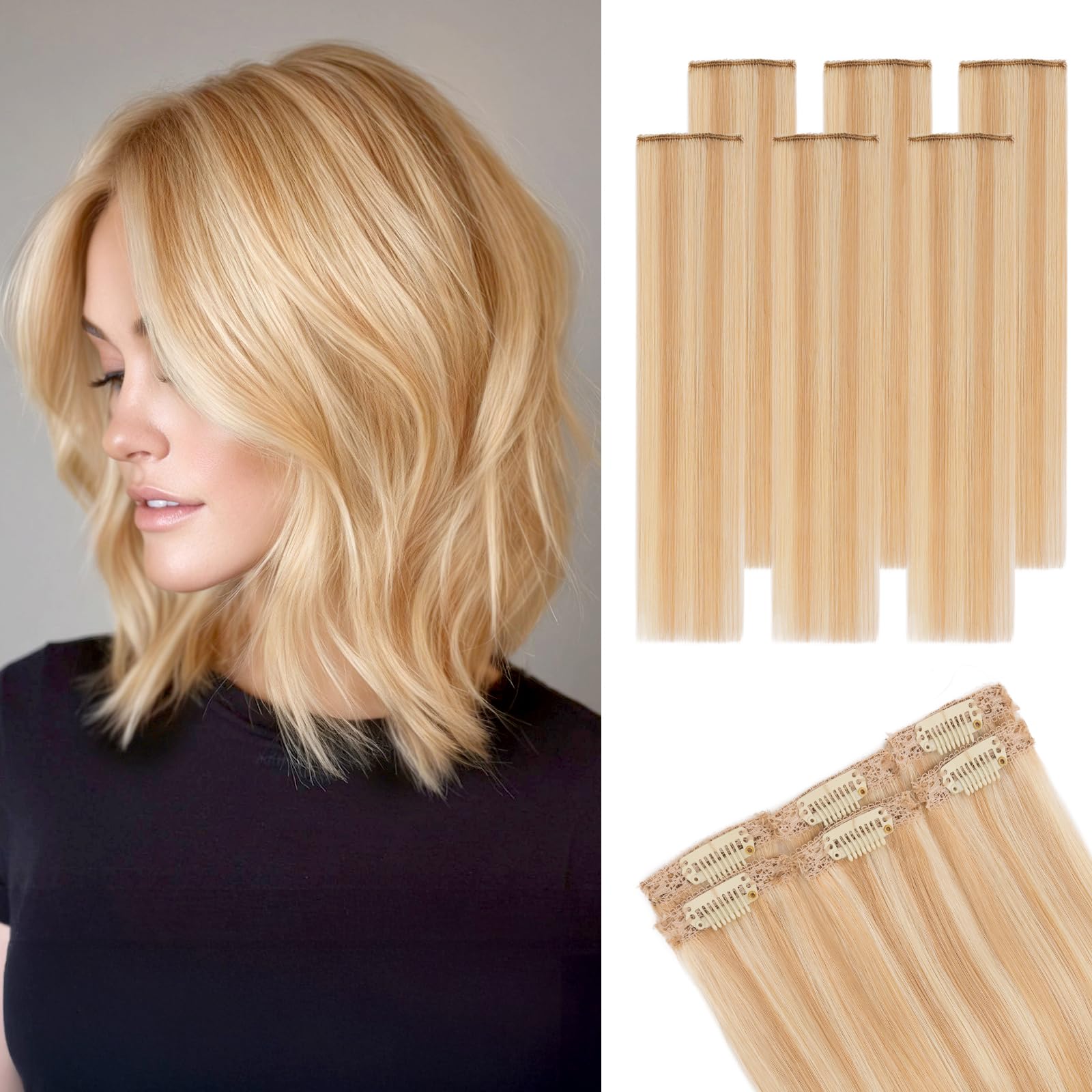 Photo 1 of Clip in Short Hair Extensions Real Human Hair,Prokyvity Short Hair Extensions Clip ins,Mini Hairpieces for Volume & Highlights,6 Pieces 31g 10 inch Gold Blonde Mixed Bleach Blonde