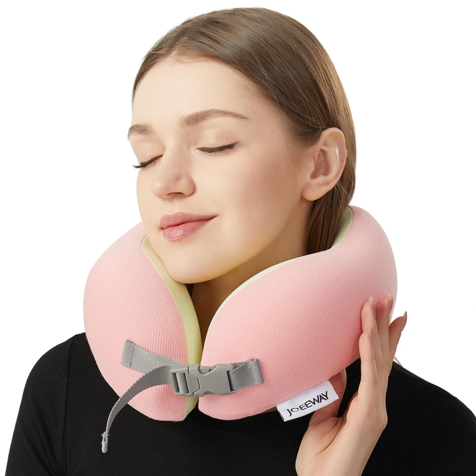Joeeway Travel Pillow for Neck Support,Comfortable Travel Neck Pillow with Adjustable Strap,100% Pure Memory Foam Airplane Pillow,for Long Flight,Train,Pink