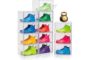 CKHXR 12 Pack Clear Shoe Boxes Stackable,Large Shoe Storage Organizer with Magnetic Door,Drop Side Shoe Containers for Entryway,Sneaker Storage Fit up to US Size 12 for Men/Women