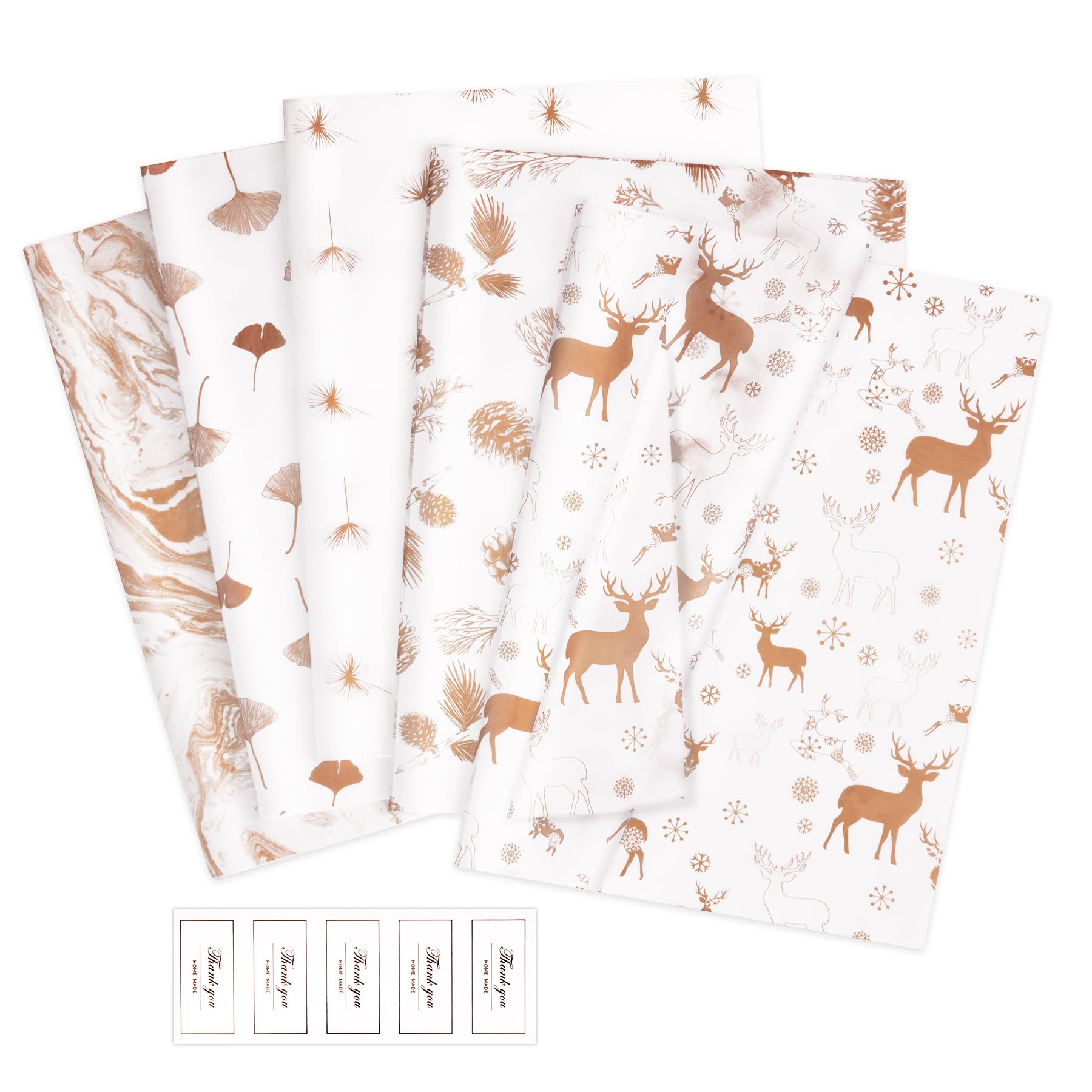 Larcenciel Christmas Tissue Paper w/Sticker 70X50cm, 50 Sheets Metallic Rose Gold Tissue Paper for Gift Bags & Wrapping Gifts, Reindeer Plant Patterned Gift Wrap for Xmas, New Year, Party