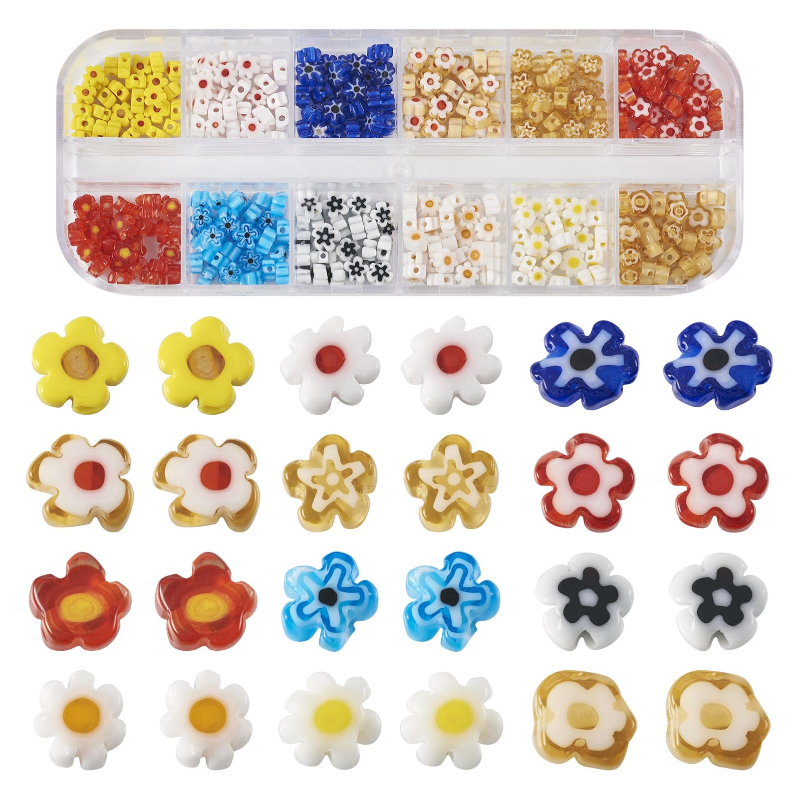 Crafans 360Pcs Millefiori Lampwork Bead Strands 12 Colors Flower Candy Beads Plumeria Flower Lovely Spacer Beads Bulk for DIY Bracelet Necklace Jewelry Making