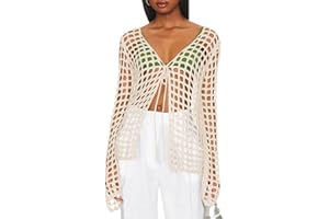 Saodimallsu Womens Long Sleeve Swimsuit Coverup Crochet Hollow Out Tie Front Swim Cover Up Knit Cardigan