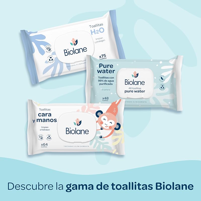 Biolane - Toalhitas para bebés com água pura, 384 toalhitas (8 embalagens de 48 unidades), 99% água purificada, apenas 4 ingredientes, sem fragrância, pele sensível, recém-nascida, 100% fibras vegetais, sem plástico