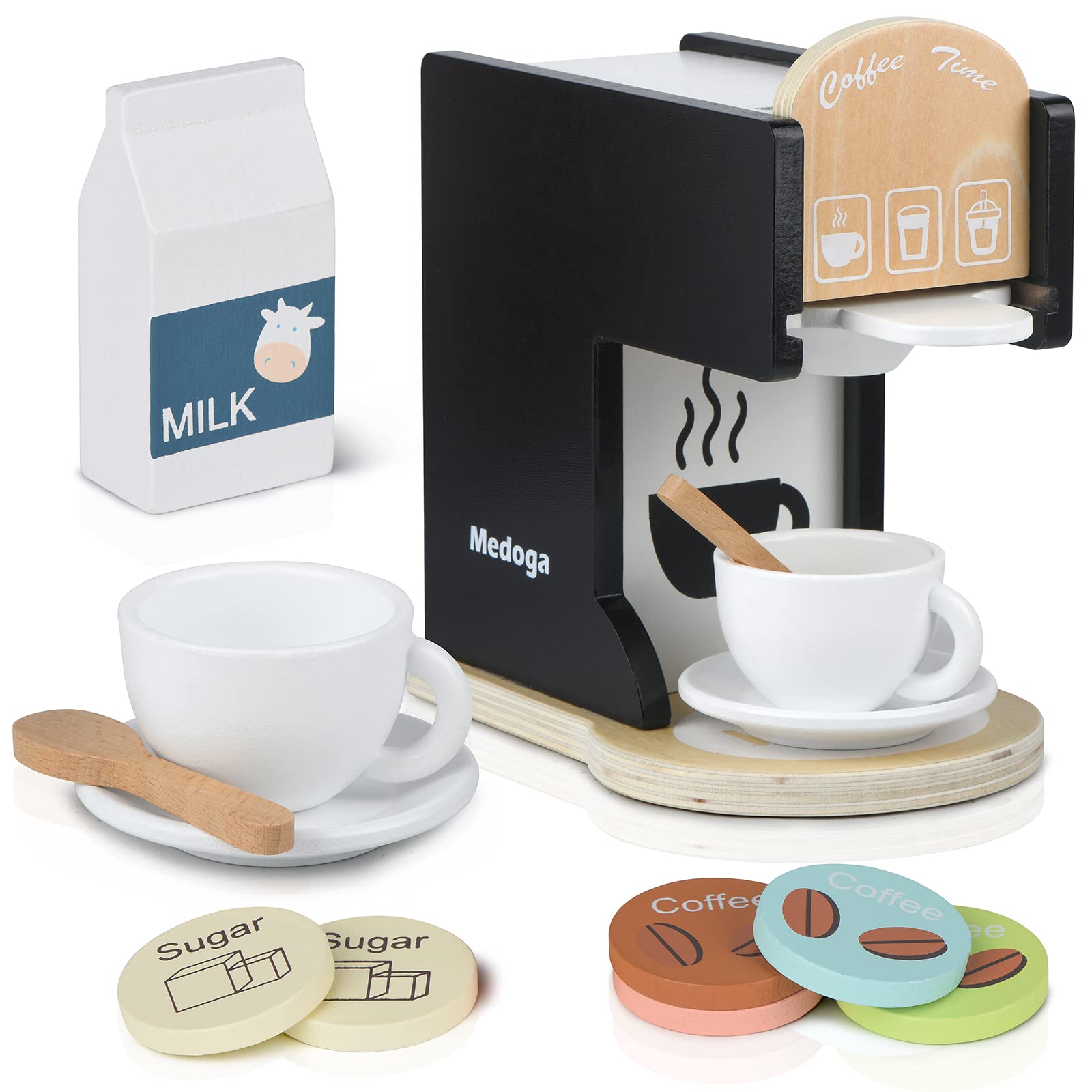 Play Kitchen Accessories Kids Wooden Coffee Maker Toy Espresso Machine Toddler Toy Kitchen Sets for Girls and Boys (black)