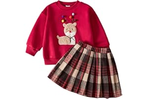 Christmas Outfit Festive Reindeer Design Girls Winter Hoodie And Plaid Skirt Two Piece Set For Holiday Parties And Seasonal