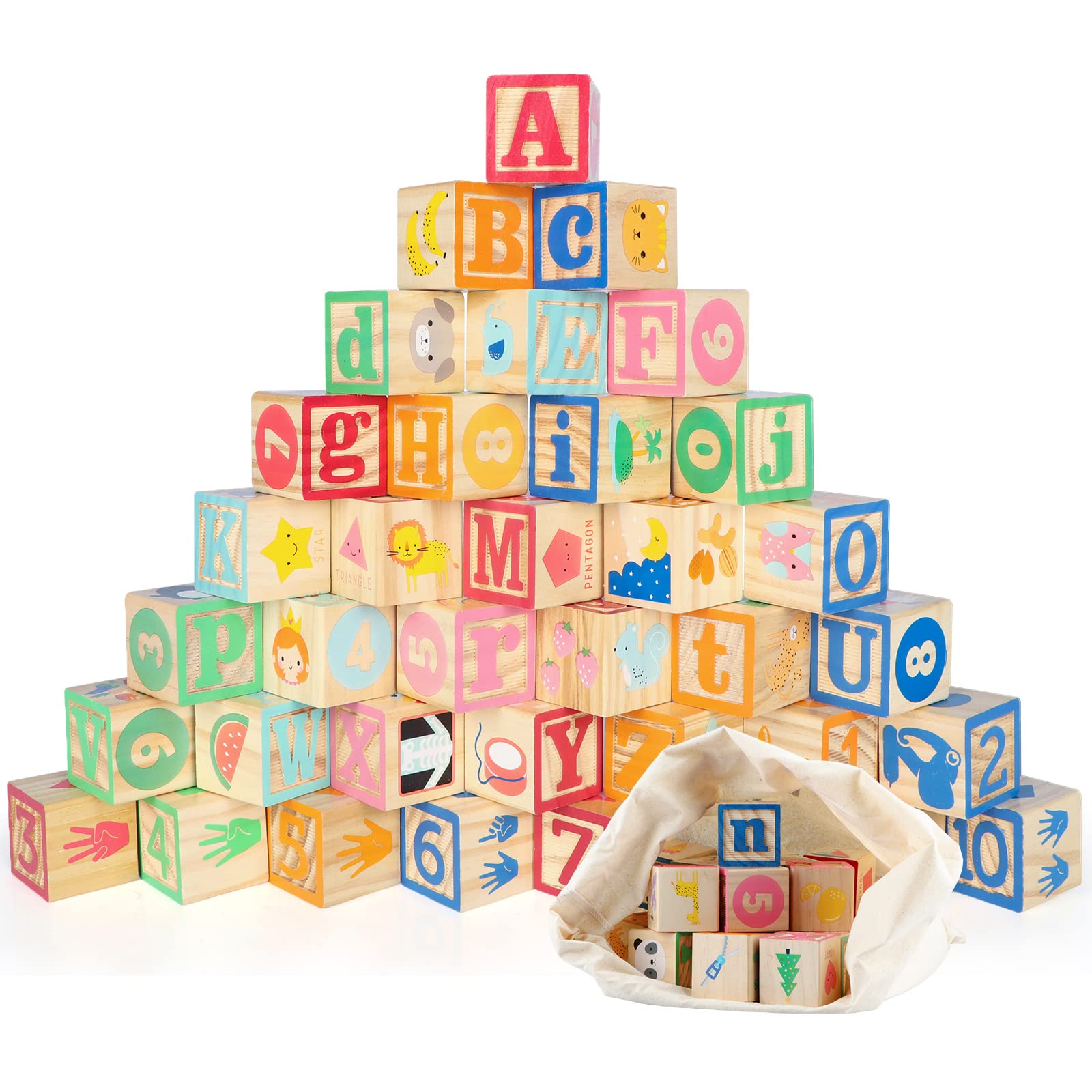 Jacootoys 36PCS Wooden ABC Blocks Age 3+ 1.65” Big Alphabet Letters Number Building Block Set Montessori Educational Toys for Kids