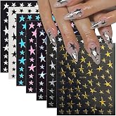 14 Sheets Y2k Star Nail Art Stickers, 7 Colors 3D Self-Adhesive Nail Decals with Gold Silver Black White Blue Pink Holographic Stars, 4th of July DIY Manicure Accessories for Women &amp; Girls