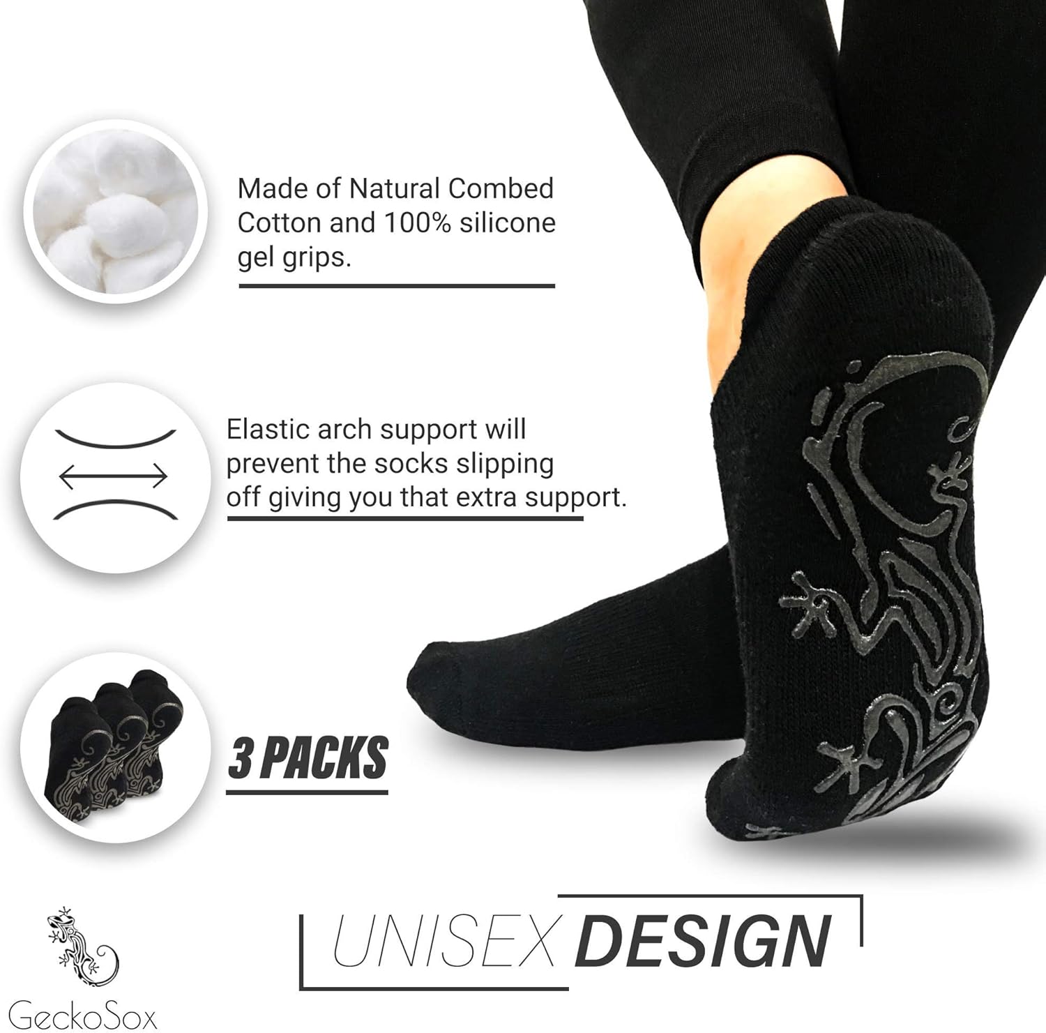 Gecko Yoga Socks For Women & Men With Anti Slip Silicone Grips Anti-Skid Socks | Ideal For Pilates Barre Ballet Bikram Fitness Workout Pregnancy Hospital Grip Socks | 3 Pack Size 5-11, Black: Clothing