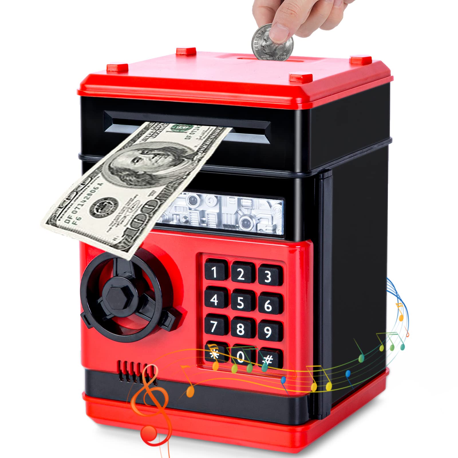 Thedttoy Kids Money Safe Piggy Bank Toy Money Bank w/Electronic Lock, Auto Scroll Paper ATM Machine Money Box Safe for 3-12 Years Old Children Boys Girls, Best Toy Gifts for Birthday Christmas (Red)