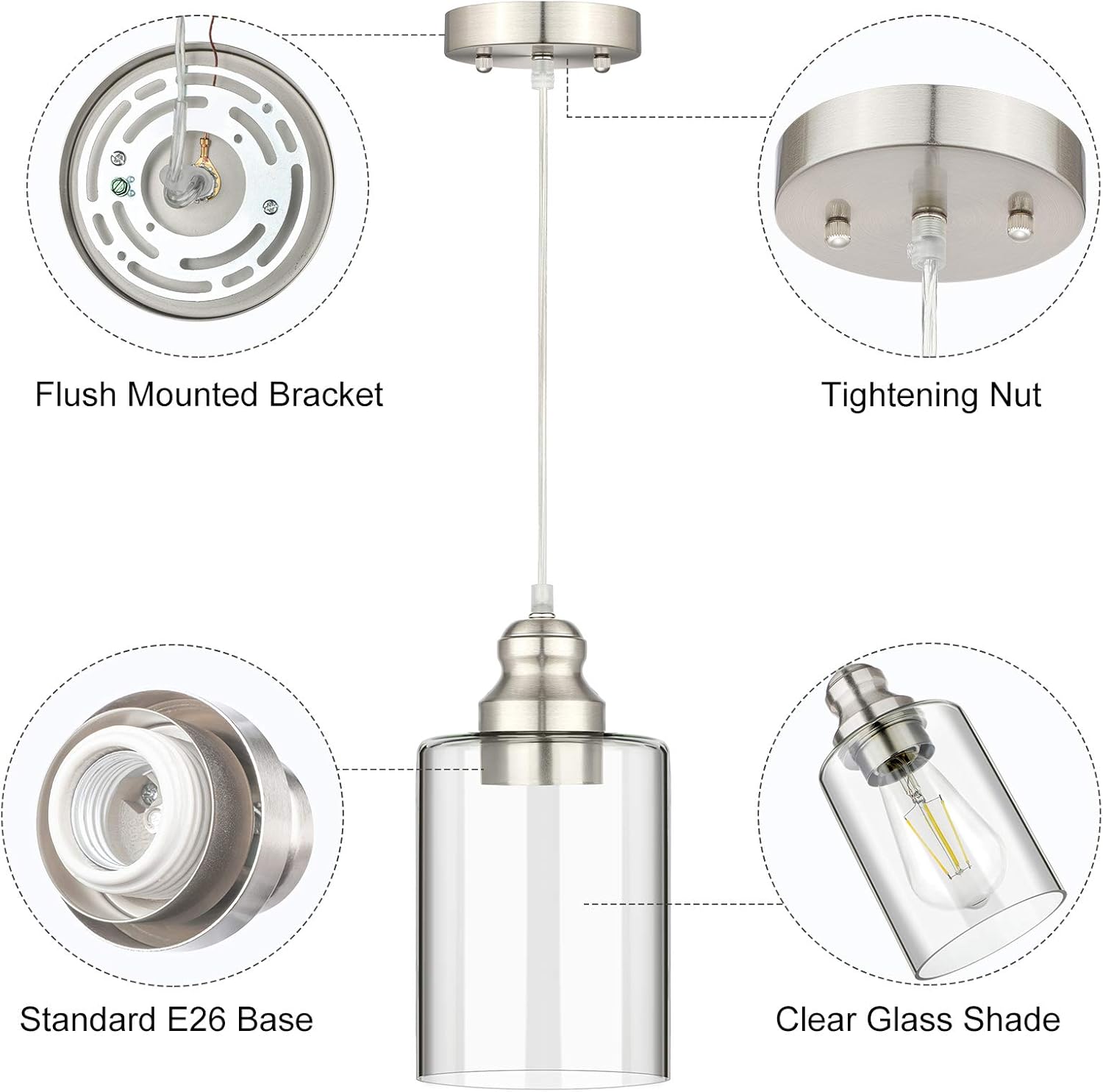 Industrial Pendant Lighting, Adjustable Hanging Light Fixtures, Clear Glass Shade Pendant Light, Vintage Farmhouse Mini Hanging Ceiling Lamp for Kitchen Living Room Bedroom Hallway, E26 Base, 3-Pack - - 