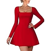 Aprilake Women's Sexy Long Sleeve Square Neck Party Club A-line Short Mini Dress